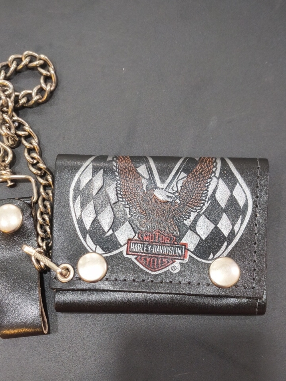 Vintage Harley-Davidson Black Trifold Wallet with Eagle and Checkered Flags